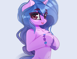 Size: 2992x2280 | Tagged: safe, artist:jfrxd, izzy moonbow, unicorn, semi-anthro, g5, my little pony: a new generation, belly button, bipedal, chest fluff, cute, high res, hooves together, human shoulders, izzybetes, solo