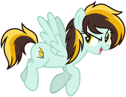 Size: 1024x795 | Tagged: safe, artist:pegasski, oc, oc only, oc:windbreaker, pegasus, pony, g4, female, flying, full body, mare, multicolored mane, multicolored tail, open mouth, open smile, outline, pegasus oc, show accurate, simple background, smiling, solo, spread wings, tail, transparent background, white outline, wings, yellow eyes