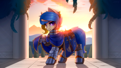 Size: 4000x2250 | Tagged: safe, artist:dipfanken, oc, oc only, pony, unicorn, armor, broken horn, cloak, clothes, eye clipping through hair, eyebrows, eyebrows visible through hair, female, hammer, high res, horn, looking at you, mare, raised hoof, smiling, smiling at you, solo, unicorn oc, war hammer, weapon
