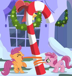 Size: 2850x3000 | Tagged: safe, artist:frownfactory, ruby pinch, scootaloo, pegasus, pony, unicorn, hearth's warming eve (episode), candy, candy cane, duo, duo female, ear fluff, eyes closed, female, filly, foal, food, green eyes, hearth's warming eve, high res, horn, open mouth, raised hoof, shadow, small wings, snow, spread wings, standing, tail, tongue out, two toned mane, two toned tail, vector, wings
