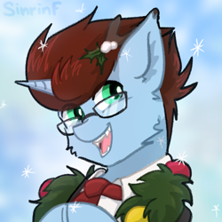Size: 1000x1000 | Tagged: safe, artist:sinrinf, oc, oc:coda, pony, unicorn, clothes, commission, fangs, glasses, open mouth, snow, snowflake, solo, suit, ych result