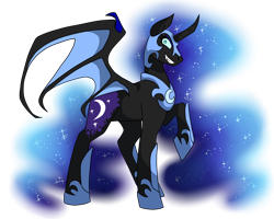 Size: 3750x3000 | Tagged: safe, artist:gingygin, nightmare moon, alicorn, pony, g4, bat wings, blue eyes, blue mane, blue tail, ethereal mane, fangs, female, flowing mane, flowing tail, grin, helmet, high res, hoof shoes, horn, looking at you, raised hoof, simple background, smiling, solo, sparkles, spread wings, starry mane, starry tail, tail, teeth, transparent background, wings