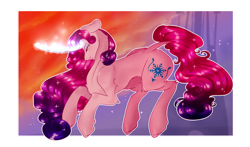 Size: 1024x601 | Tagged: safe, artist:magnetjasdraw329, princess amore, pony, unicorn, g4, colored pupils, curved horn, ethereal mane, female, flowing mane, flowing tail, glowing, glowing horn, horn, looking down, magic, orange eyes, pink mane, sad, sky, solo, sparkles, starry mane, starry tail, sunlight, sunset, tail, teary eyes