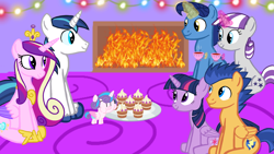 Size: 1280x720 | Tagged: safe, artist:mlplary6, flash sentry, night light, princess cadance, princess flurry heart, shining armor, twilight sparkle, twilight velvet, alicorn, pegasus, pony, unicorn, g4, aunt, baby, baby pony, boyfriend and girlfriend, brother in law, christmas, father-in-law, female, fire, fireplace, grandchild, grandfather, grandmother, grandparents, holiday, husband and wife, male, mare, mother in law, niece, parents in law, ship:flashlight, ship:nightvelvet, ship:shiningcadance, shipping, sister in law, sisters-in-law, stallion, straight, twilight sparkle (alicorn), uncle