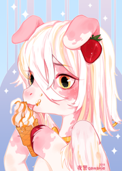 Size: 1000x1400 | Tagged: safe, artist:qawakie, oc, oc only, pegasus, pony, bust, eating, food, hoof hold, ice cream, ice cream cone, licking, pegasus oc, smiling, solo, strawberry, tongue out, unshorn fetlocks, wings