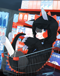 Size: 1932x2446 | Tagged: safe, artist:qawakie, oc, oc only, pony, claws, clothes, hoodie, indoors, shopping cart, smiling, solo, underhoof