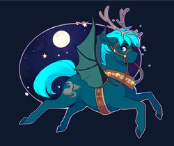 Size: 2796x2354 | Tagged: safe, artist:royvdhel-art, oc, oc only, oc:guttatus, pony, antlers, bat wings, bust, commission, full moon, harness, high res, male, moon, night, stallion, stars, tack, wings, ych result