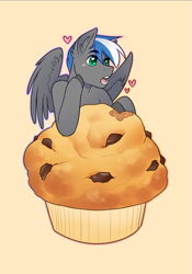 Size: 1585x2258 | Tagged: safe, artist:royvdhel-art, oc, oc only, oc:cloud zapper, pegasus, pony, :o, bust, commission, ear fluff, food, heart, male, micro, muffin, open mouth, pegasus oc, simple background, solo, stallion, wings, ych result, yellow background