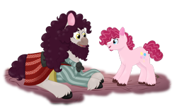 Size: 3134x1914 | Tagged: safe, artist:queenderpyturtle, pinkie pie, oc, oc:shoofly, earth pony, pony, g4, beard, facial hair, female, filly, filly pinkie pie, lying down, male, prone, simple background, stallion, transparent background, younger