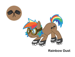 Size: 681x518 | Tagged: safe, alternate version, artist:torusthescribe, oc, oc only, oc:rainbow dust, earth pony, pony, bio in description, earth pony oc, female, goggles, mare, offspring, parent:rainbow dash, parents:canon x oc, roller skates, simple background, smiling, solo, white background