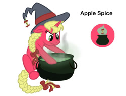 Size: 681x518 | Tagged: safe, alternate version, artist:torusthescribe, oc, oc only, oc:apple spice, pony, unicorn, bio in description, braid, braided tail, cauldron, frown, hat, horn, offspring, parent:applejack, parents:canon x oc, simple background, solo, tail, unicorn oc, white background, witch, witch hat