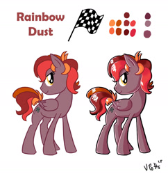 Size: 1372x1417 | Tagged: safe, artist:torusthescribe, oc, oc only, pegasus, pony, female, folded wings, full body, magical lesbian spawn, mare, multicolored mane, multicolored tail, offspring, parent:lightning dust, parent:rainbow dash, parents:rainbowdust, pegasus oc, reference sheet, show accurate, signature, simple background, smiling, solo, standing, tail, white background, wings
