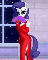 Size: 1200x1500 | Tagged: safe, artist:xodok, rarity, anthro, series:ponyashnost, g4, clothes, cutie mark, dress, fan, female, horn, indoors, jewelry, looking at you, side slit, stars, total sideslit, window