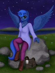 Size: 1200x1600 | Tagged: safe, artist:xodok, princess luna, anthro, unguligrade anthro, series:ponyashnost, g4, bag, blouse, clothes, female, field, horn, jewelry, lake, looking at you, mountain, night, pants, shoes, smiling, stars, stone, thermos, wings