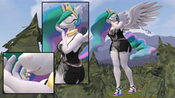 Size: 6570x3696 | Tagged: safe, artist:antonioy111, princess celestia, spike, alicorn, dragon, anthro, g4, 3d, breasts, clothes, collar, commission, crown, dress, duo, eyes closed, feet, female, forest, giantess, giantlestia, high heels, horn, jewelry, kissing, macro, male, nail polish, open-toed shoes, regalia, shoes, source filmmaker, spread wings, tail, thighs, toenail polish, toes, tree, wide hips, wings