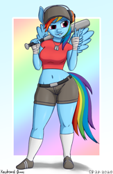 Size: 1300x2000 | Tagged: safe, artist:keyboard-draws, rainbow dash, pegasus, anthro, g4, baseball bat, belly button, breasts, busty rainbow dash, cap, clothes, digital art, dog tags, female, hat, headphones, midriff, rainbow scout, scout (tf2), shirt, shoes, shorts, simple background, socks, solo, spread wings, team fortress 2, thighs, wide hips, wings