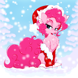 Size: 2500x2500 | Tagged: safe, artist:rurihal, pinkie pie, earth pony, pony, g4, chest fluff, christmas, ear fluff, female, hat, high res, holiday, looking at you, naughty, santa hat, snow, solo, tongue out