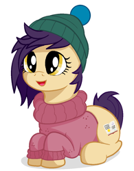 Size: 846x1082 | Tagged: safe, artist:xodok, oc, oc only, earth pony, pony, series:ponyashnost, clothes, female, hat, simple background, smiling, sweater, white background