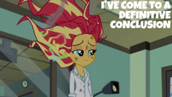 Size: 1280x720 | Tagged: safe, edit, edited screencap, editor:quoterific, screencap, sunset shimmer, equestria girls, g4, my little pony equestria girls: friendship games, the science of magic, female, messy hair, solo, sunset the science gal