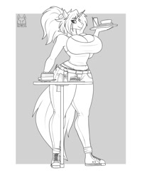Size: 1600x2000 | Tagged: safe, artist:thedrunkcoyote, oc, oc only, oc:amber steel, unicorn, anthro, belly button, big breasts, breasts, clothes, converse, digital art, female, food, horn, monochrome, pants, shoes, simple background, sneakers, solo, tail, tank top, thighs, wide hips