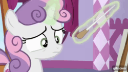 Size: 640x360 | Tagged: safe, screencap, sweetie belle, pony, unicorn, g4, on your marks, season 6, animated, carousel boutique, female, filly, gif, gifs.com, magic, solo, sweetie belle is not amused, telekinesis, unamused