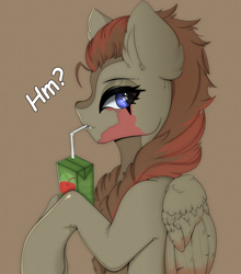 Size: 1200x1362 | Tagged: safe, artist:munrei, oc, oc only, oc:dakota, pegasus, pony, blue eyes, commission, drinking, fangs, female, halfbody, juice, juice box, looking at you, mare, simple background, wings