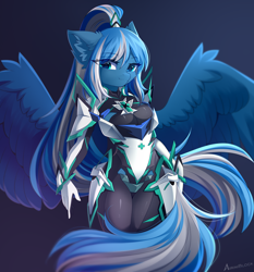 Size: 4352x4679 | Tagged: safe, artist:airiniblock, oc, oc only, oc:vivid tone, pegasus, anthro, rcf community, armor, blue background, bodysuit, clothes, cosplay, costume, ear fluff, female, gradient background, lidded eyes, looking at you, pegasus oc, pneuma, simple background, smiling, solo, wing fluff, wings, xenoblade chronicles (series), xenoblade chronicles 2