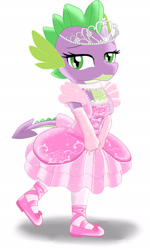 Size: 1495x2495 | Tagged: safe, artist:avchonline, spike, dragon, g4, ballerina, ballet slippers, canterlot royal ballet academy, clothes, collar, crossdressing, dress, eyebrows, fake eyelashes, femboy, gloves, jewelry, leggings, long gloves, looking at you, male, shoes, simple background, sissy, solo, tiara, tutu