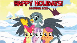 Size: 2064x1171 | Tagged: safe, artist:not-yet-a-brony, apple bloom, gabby, scootaloo, sweetie belle, earth pony, griffon, pegasus, pony, unicorn, g4, 2021, christmas, christmas eve, cutie mark crusaders, december, female, filly, friendship, happy holidays, hearth's warming, hearth's warming eve, holiday, new year, new years eve, snow, youtube link in the description