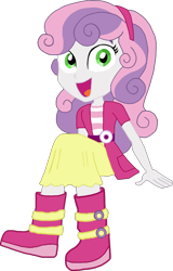 Size: 1276x2000 | Tagged: safe, artist:jebens1, artist:therandomone95, sweetie belle, equestria girls, g4, boots, clothes, cute, jacket, looking at you, shoes, sitting, skirt, smiling, solo