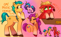 Size: 1851x1130 | Tagged: safe, artist:winslowsfaust, hitch trailblazer, izzy moonbow, sprout cloverleaf, sunny starscout, earth pony, pony, unicorn, g5, my little pony: a new generation, blushing, cute, eyelashes, female, gay, hitchbetes, hitchsprout, male, mare, shipping, shy, sproutbetes, stallion, stallion on stallion