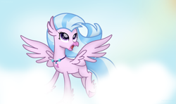 Size: 1665x987 | Tagged: safe, artist:nitlynjane, silverstream, classical hippogriff, hippogriff, g4, blue sky, cloud, cute, diastreamies, flying, looking up, open mouth, smiling, solo, spread wings, sunlight, tail, two toned mane, two toned tail, wings