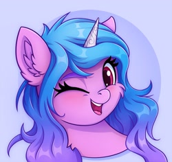 Size: 2119x2000 | Tagged: safe, artist:zeepheru_pone, izzy moonbow, pony, unicorn, g5, my little pony: a new generation, blushing, bust, cute, female, high res, izzybetes, looking at you, mare, one eye closed, open mouth, open smile, simple background, smiling, smiling at you, solo, wink, winking at you