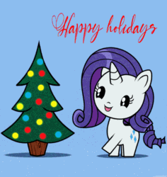 Size: 580x614 | Tagged: safe, artist:theretroart88, rarity, pony, unicorn, g4, animated, blue background, christmas, christmas lights, christmas tree, cute, cutie mark crew, eyelashes, female, gif, holiday, horn, mare, open mouth, open smile, raribetes, simple background, smiling, solo, toy, tree, two-frame gif
