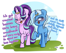 Size: 1720x1384 | Tagged: safe, artist:lou, starlight glimmer, trixie, pony, unicorn, g4, blushing, dialogue, duo, duo female, female, heart, horn, horn ring, jewelry, lesbian, lidded eyes, mare, married couple, one eye closed, open mouth, raised hoof, ring, seems legit, ship:startrix, shipping, wedding ring