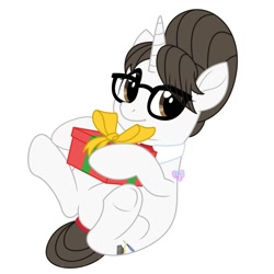 Size: 2000x2000 | Tagged: safe, artist:lovinglypromise, raven, pony, unicorn, christmas, commission, cute, eye clipping through hair, female, glasses, hair bun, high res, holiday, looking at you, mare, necktie, present, ravenbetes, secretary, simple background, smiling, smiling at you, solo, white background, ych result