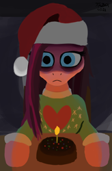 Size: 1800x2742 | Tagged: safe, artist:tazool, pinkie pie, earth pony, pony, g4, candle, christmas, clothes, creepy, fruitcake, hat, holiday, looking at you, santa hat, sitting, solo, sweater