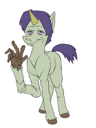 Size: 1200x1600 | Tagged: safe, artist:socialgutbrain777, oc, oc:oakley, pony, unicorn, 2022 community collab, derpibooru community collaboration, blank flank, female, freckles, funny face, hand, horn, ponysona, simple background, solo, suddenly hands, transparent background, unicorn oc