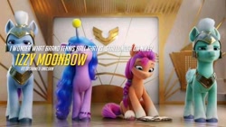 Size: 720x405 | Tagged: safe, edit, edited screencap, screencap, izzy moonbow, sunny starscout, thunder flap, zoom zephyrwing, earth pony, pegasus, pony, unicorn, g5, my little pony: a new generation, ball, elevator, female, guardsmare, male, mare, pegasus royal guard, royal guard, stallion, tennis ball