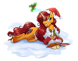 Size: 4500x3526 | Tagged: safe, artist:jack-pie, oc, oc only, oc:white feather, pony, unicorn, christmas, clothes, commission, curved horn, hat, high res, holiday, holly, horn, santa hat, scarf, snow, solo, teeth, unicorn oc, unshorn fetlocks