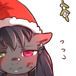 Size: 1159x1159 | Tagged: safe, artist:cold-blooded-twilight, oc, oc only, oc:blazing saddles, earth pony, pony, blushing, bust, christmas, ear piercing, earring, earth pony oc, female, frown, hat, heterochromia, holiday, jewelry, kiss mark, lipstick, mare, mistletoe, piercing, santa hat, simple background, solo, sweat, transparent background