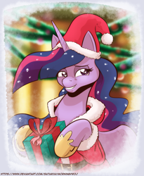 Size: 1227x1500 | Tagged: safe, artist:saturdaymorningproj, twilight sparkle, alicorn, pony, g4, the last problem, christmas, clothes, costume, female, gift wrapped, gritted teeth, hat, holiday, hoof shoes, jewelry, mare, older, older twilight, older twilight sparkle (alicorn), princess twilight 2.0, regalia, santa costume, santa hat, solo, twilight sparkle (alicorn)