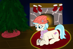 Size: 10800x7200 | Tagged: safe, artist:top plush, coco pommel, earth pony, pony, g4, beanie, chocolate, christmas, clothes, comfy, cozy, fireplace, food, hat, holiday, hot chocolate, lying down, prone, scarf, solo, stockings, thigh highs, tree, winter