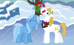 Size: 1280x771 | Tagged: safe, artist:themexicanpunisher, prince blueblood, trixie, pony, unicorn, g4, female, male, mistletoe, ship:bluetrix, shipping, snow, straight