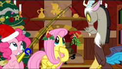 Size: 720x407 | Tagged: safe, editor:daughteroffluttercord, discord, fluttershy, pinkie pie, earth pony, pony, g4, blushing, christmas, christmas tree, female, fishing rod, hat, holiday, male, mistletoe, santa hat, ship:discoshy, shipper on deck, shipping, straight, tree, vector used