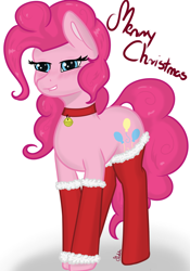 Size: 1886x2700 | Tagged: safe, artist:marbatra, pinkie pie, earth pony, pony, g4, blushing, christmas, clothes, female, grin, high res, holiday, lip bite, mare, shadow, simple background, smiling, socks, solo, stockings, thigh highs, white background