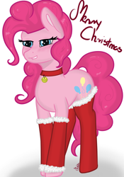 Size: 1886x2700 | Tagged: safe, artist:marbatra, derpibooru exclusive, pinkie pie, earth pony, pony, g4, blushing, christmas, clothes, female, grin, high res, holiday, lip bite, mare, shadow, simple background, smiling, socks, solo, stockings, thigh highs, white background