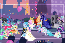 Size: 3747x2473 | Tagged: safe, artist:interstellar-quartz, applejack, fluttershy, pinkie pie, princess cadance, princess celestia, princess luna, rainbow dash, rarity, razzaroo, shining armor, twilight sparkle, oc, oc:amaryllis, oc:iridescent, oc:ivory, oc:queen aphrodite, oc:sparkling cider, oc:surprise fuchsia, oc:twinkie sprinkle, oc:valiant knight, pony, unicorn, amaryllisverse, a canterlot wedding, g3, g4, alternate design, clothes, dress, g3 to g4, generation leap, high res, love is in bloom, mane six, race swap, rocktavia, unicorn fluttershy, unicorn rainbow dash