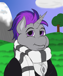 Size: 1363x1635 | Tagged: safe, artist:thewindking, oc, oc only, oc:legacy lexton, pony, unicorn, bust, chubby, chubby cheeks, clothes, male, portrait, scarf, shirt, simple background, solo, suit