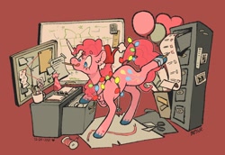 Size: 1532x1056 | Tagged: safe, artist:beyhr, pinkie pie, earth pony, pony, g4, balloon, busy, candy, candy cane, checklist, christmas, christmas lights, ear fluff, female, filing cabinet, food, hat, holiday, mare, mouth hold, party cave, party hat, party planning, pencil, prehensile mane, santa hat, scissors, solo, unshorn fetlocks
